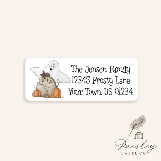 Whimsical Ghost Halloween Graveyard Cat tombstone Personalized Return Mailing Address Labels Sheet of 30