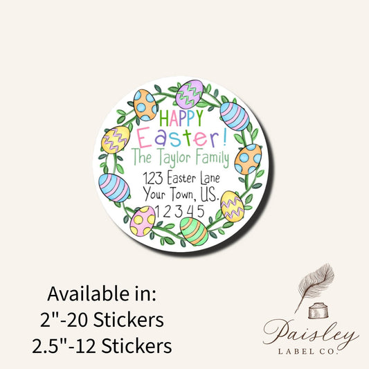 Colorful Bright Spring Easter Egg Watercolor Wreath Fun Happy Easter Round Circle Return Address Labels Stickers