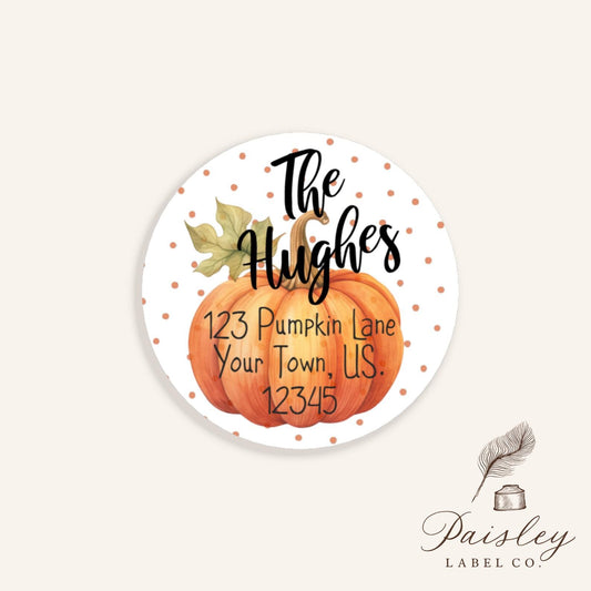 Autumn Fall Thanksgiving Halloween Polka Dot Orange Pumpkin Gourd Round Return Address Mailing Labels Multiple Sizes