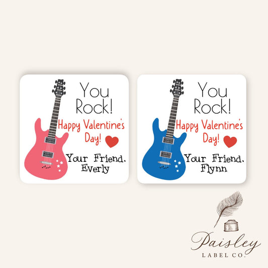 Personalized You Rock Guitar Music Valentine's Day Sticker To From Gift Tag Class Party Favor Square Labels