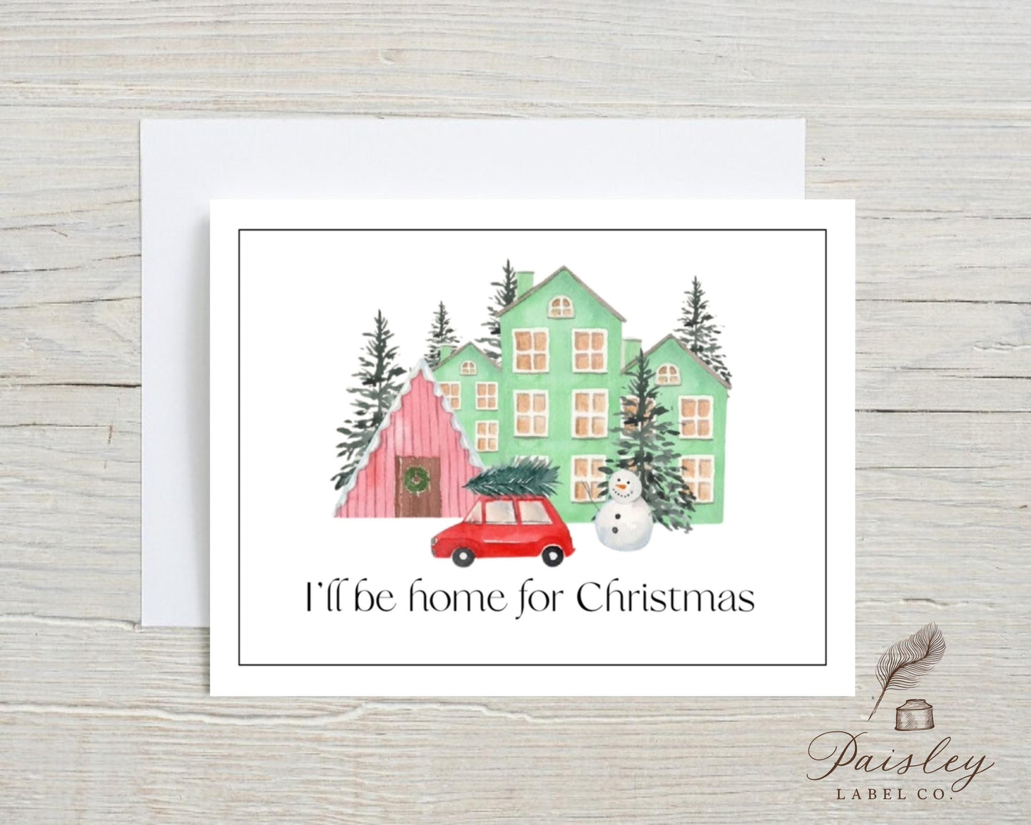 I’ll Be Home for Christmas Note Cards Red Car with Tree, Snowman & Holiday Houses Folded Christmas Stationery Set with Envelopes NoteCards