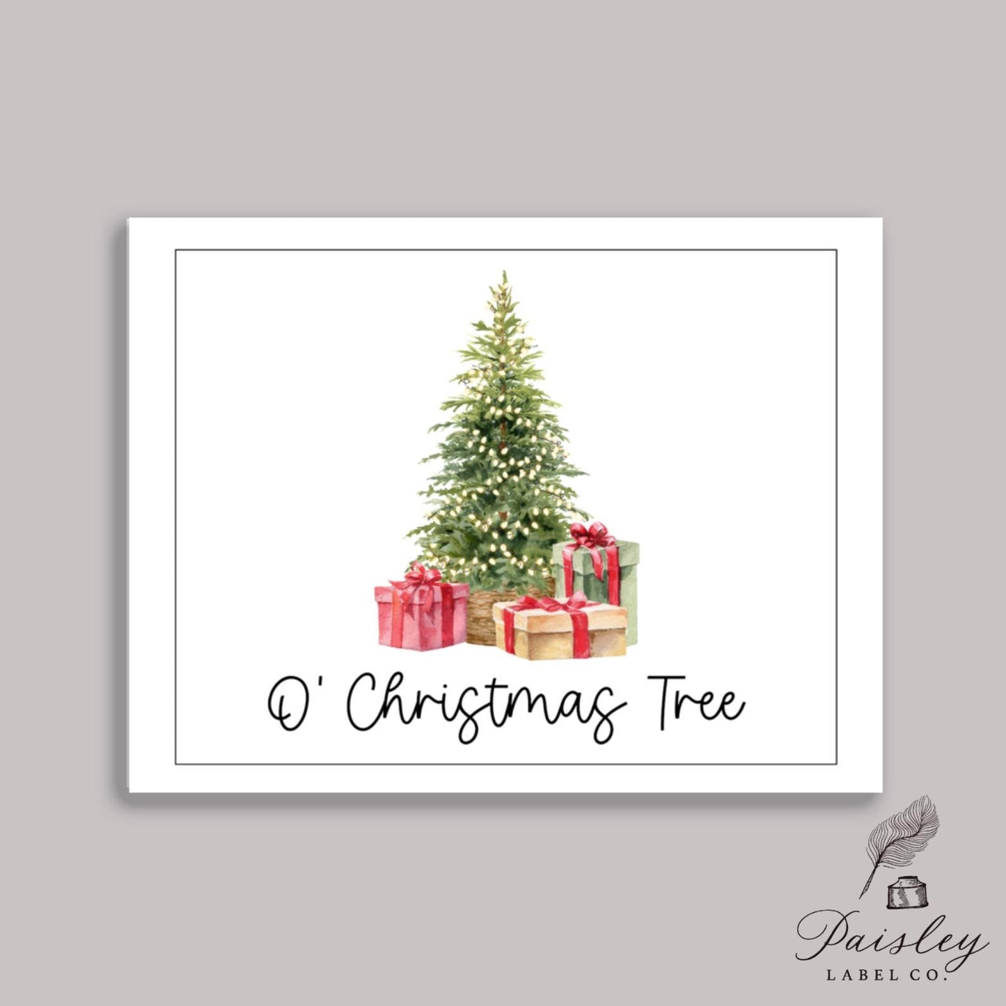 Watercolor O' Christmas Tree Christmas Tree With Gifts Presents Note Cards Holiday Folded Christmas Stationery Set with Envelopes Notecards