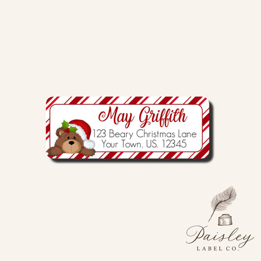 Peeking Peek A Boo Christmas Bear Cub Teddy Bear Holly Candy Cane Holiday Return Address Mailing Labels Stickers Sheet of 30