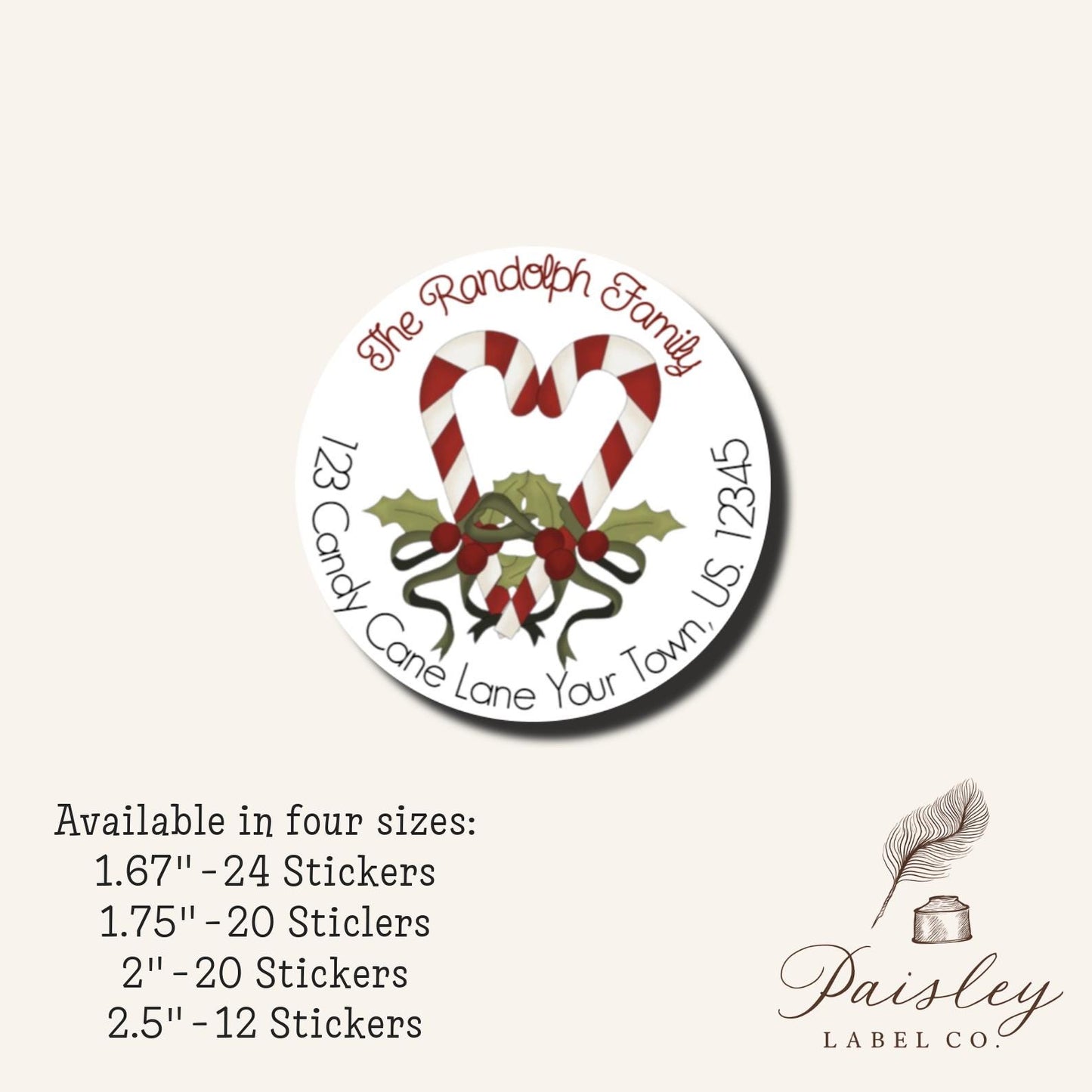 Two Christmas Candy Canes Heart Holly Holiday Personalized Round Circle Return Address Labels Stickers Multiple Sizes