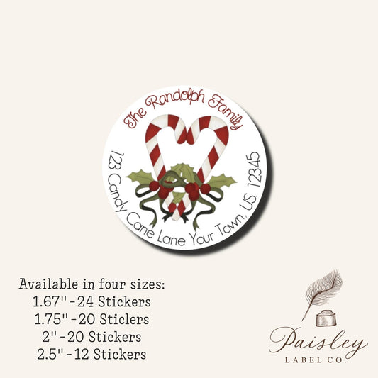Two Christmas Candy Canes Heart Holly Holiday Personalized Round Circle Return Address Labels Stickers Multiple Sizes