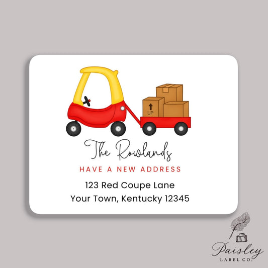 Red Toy Car Coupe Wagon Moving Boxes Change Of Address Announcement New Home Note Card Notecard Stationery Stationary Flat Card Set of 12