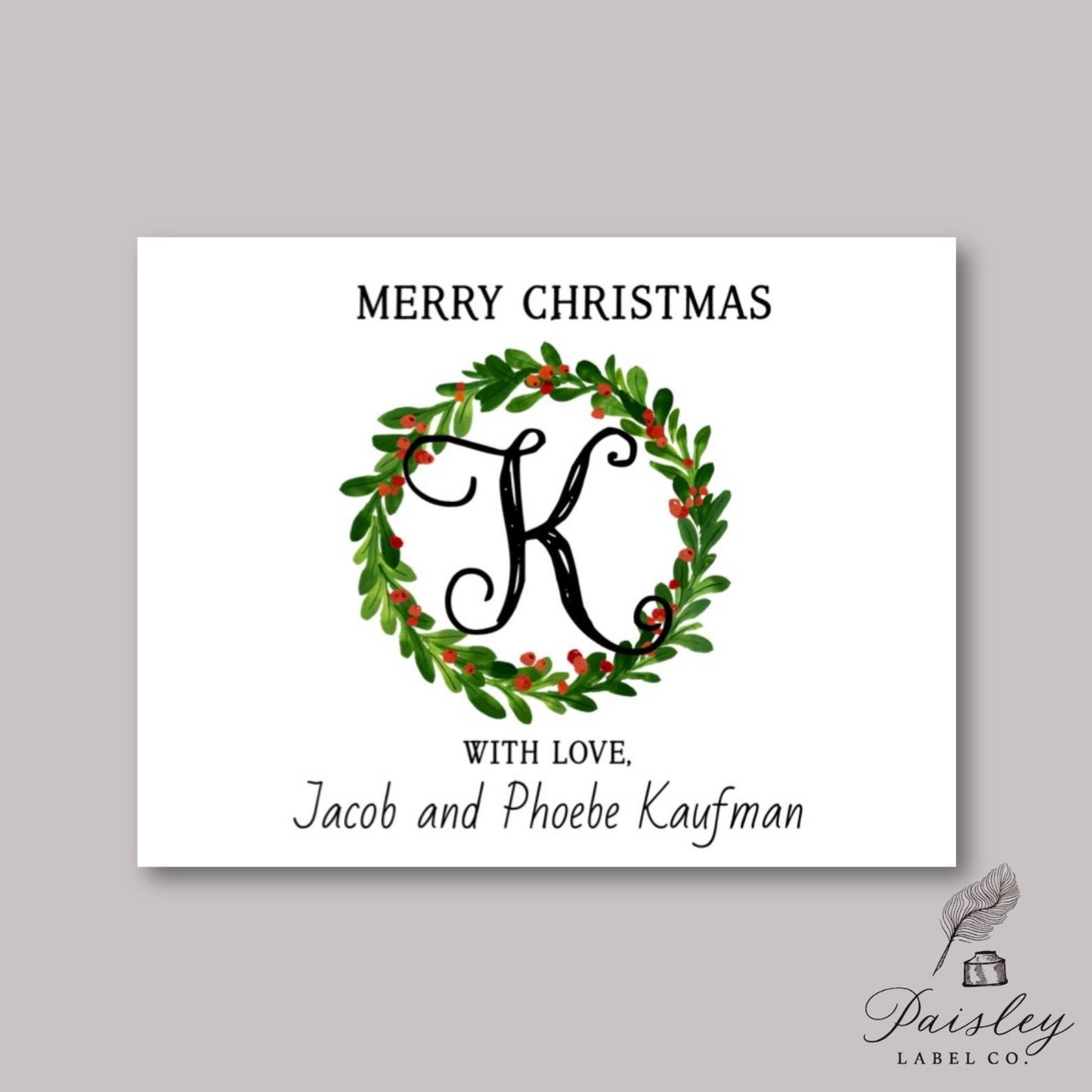 Christmas Winter Monogram Wreath Personalized Holly Berries Eucalyptus Wreath Merry Christmas Stationery Stationary Folded Notecards Set