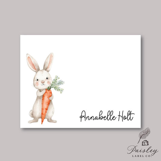 Sweet Easter Bunny Rabbit Holding Carrot Spring Long Eared Bunny Folded Notecard Note Card Personalized Stationery Stationary Notecard Set