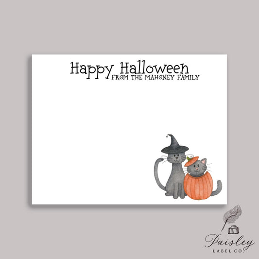 Happy Halloween Watercolor Witch Cat Pumpkin Kitten Dress Up Trick or Treat Name Note Card Gift Notecard Stationery Stationary Set of 12
