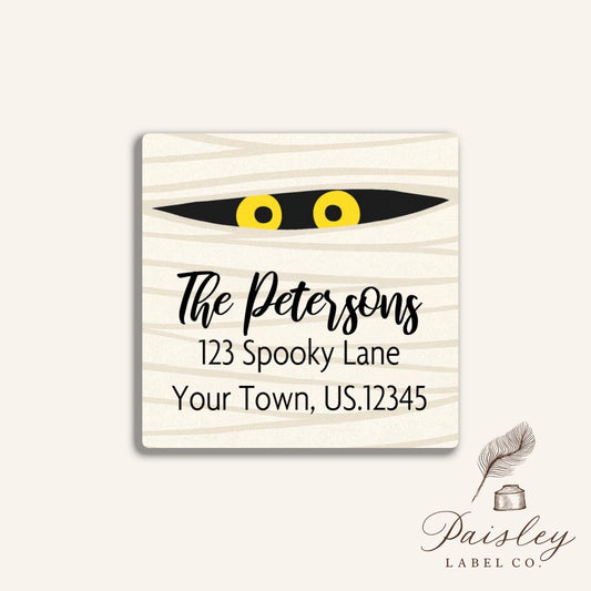 Mummy Halloween Address Labels Spooky Cute Yellow Eyes Halloween Mail Stickers Personalized Return Address Labels Square Mailing Stickers