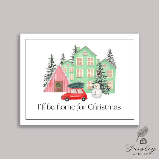 I’ll Be Home for Christmas Note Cards Red Car with Tree, Snowman & Holiday Houses Folded Christmas Stationery Set with Envelopes NoteCards