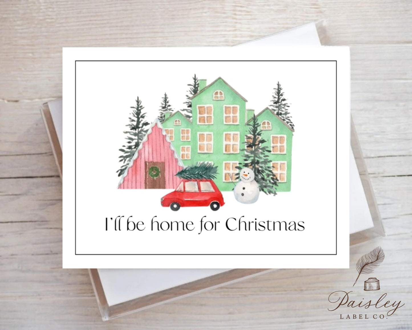 I’ll Be Home for Christmas Note Cards Red Car with Tree, Snowman & Holiday Houses Folded Christmas Stationery Set with Envelopes NoteCards