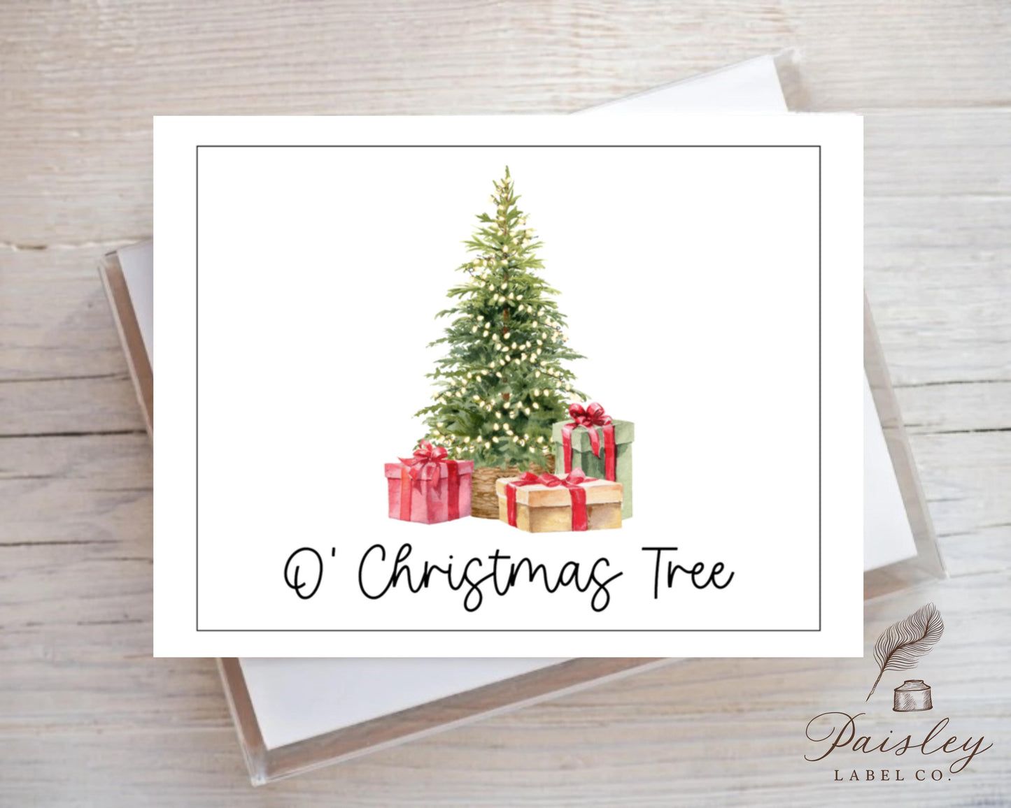 Watercolor O' Christmas Tree Christmas Tree With Gifts Presents Note Cards Holiday Folded Christmas Stationery Set with Envelopes Notecards