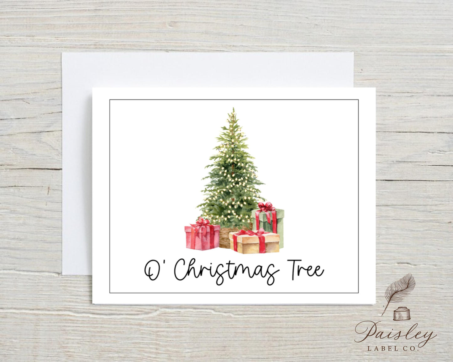Watercolor O' Christmas Tree Christmas Tree With Gifts Presents Note Cards Holiday Folded Christmas Stationery Set with Envelopes Notecards